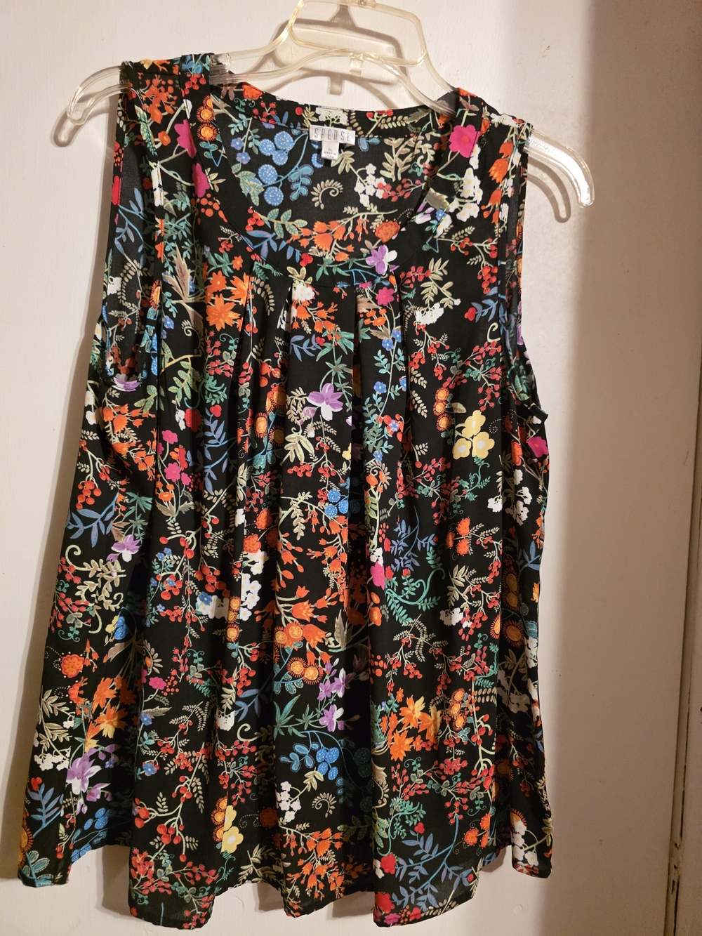 Spense Black Sleeveless Floral Swing Blouse